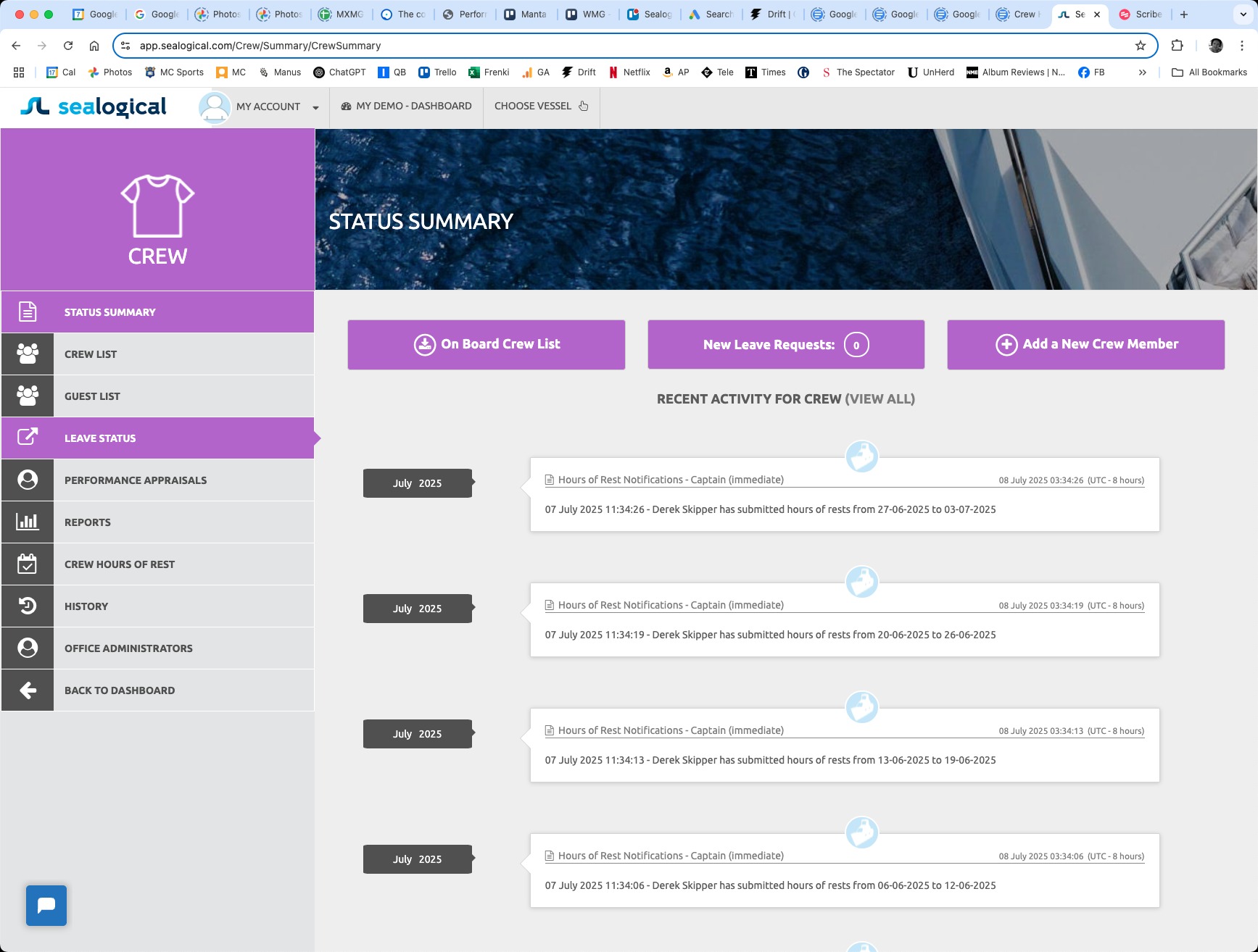 Crew sidebar in Sealogical with LEAVE STATUS highlighted in purple, alongside Status Summary, Crew List, Guest List, Performance Appraisals, Reports, Crew Hours of Rest and History.