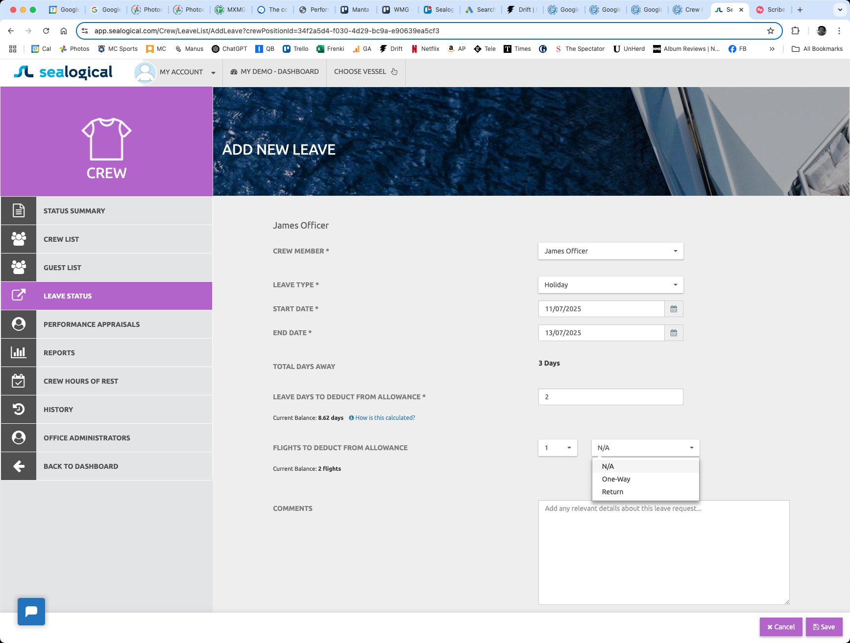 Add New Leave form with Total Days Away showing 3 Days, Leave Days to Deduct entered as 2, Flights to Deduct showing 1 in the count dropdown and the type dropdown opened with options N/A, One-Way and Return.