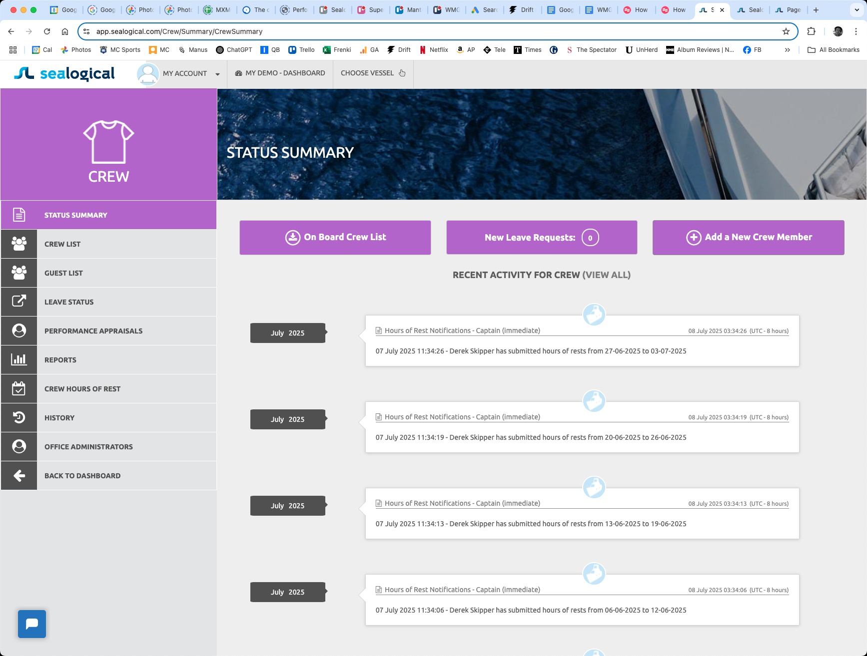 Crew Status Summary page showing the On Board Crew List, New Leave Requests, and the prominent Add a New Crew Member button on the right.