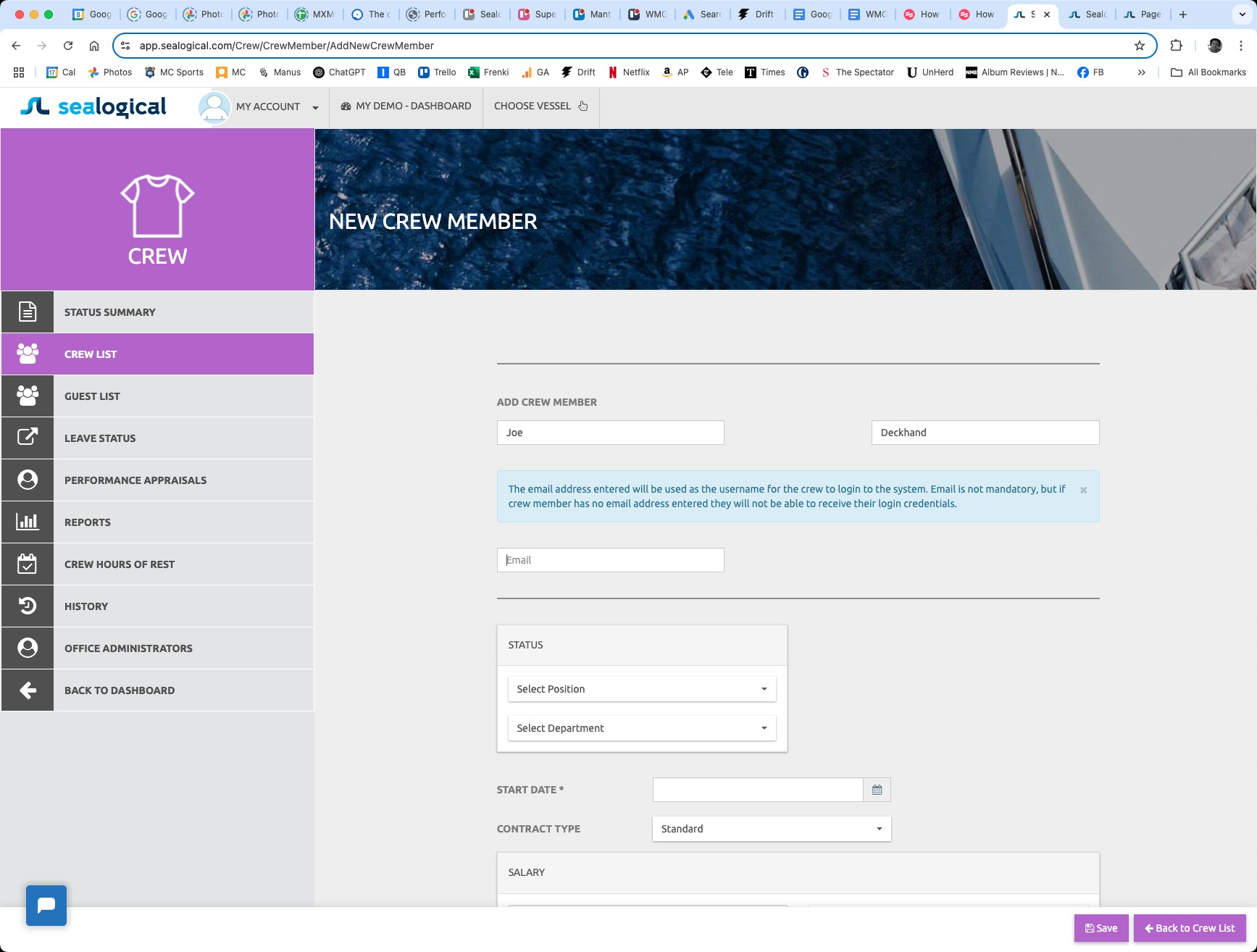 New Crew Member form with first and last name filled in, and an empty email field below an information panel explaining that the email becomes the user's login.