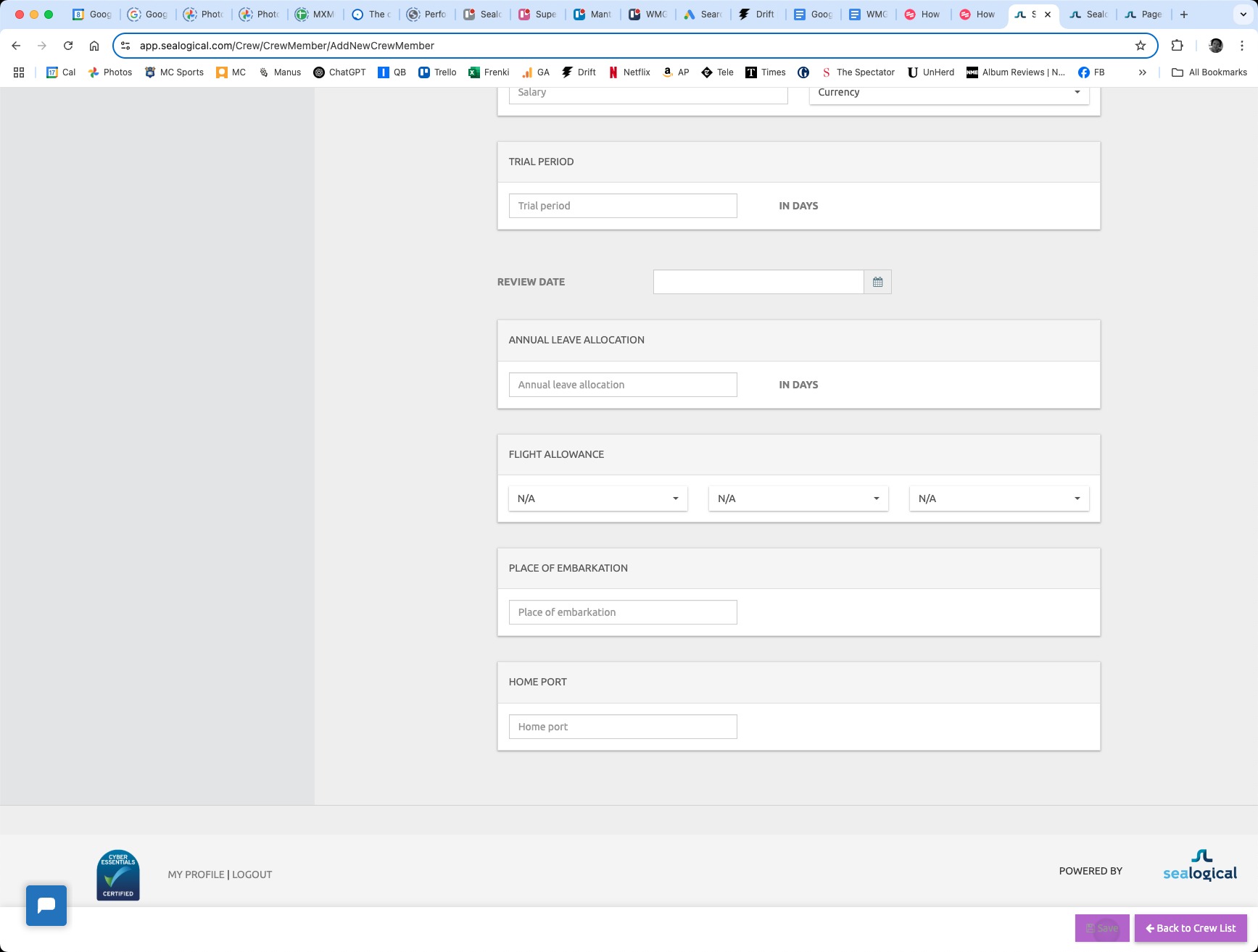 Lower section of the New Crew Member form showing Trial Period, Review Date, Annual Leave Allocation, Flight Allowance, Place of Embarkation and Home Port, with the Save and Back to Crew List buttons in the bottom-right.