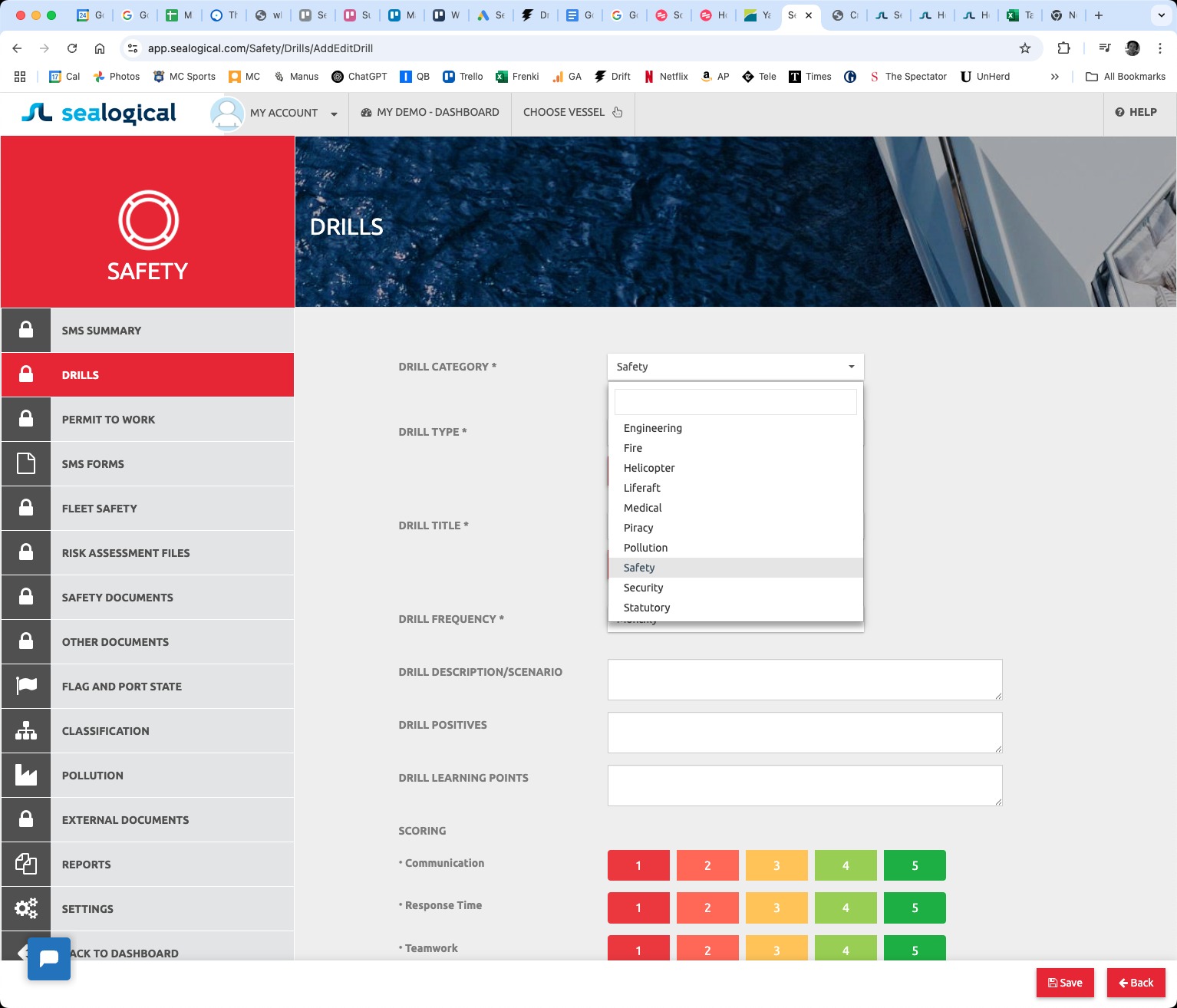 New drill form with the Drill Category dropdown open, showing the ten categories: Engineering, Fire, Helicopter, Liferaft, Medical, Piracy, Pollution, Safety, Security and Statutory.