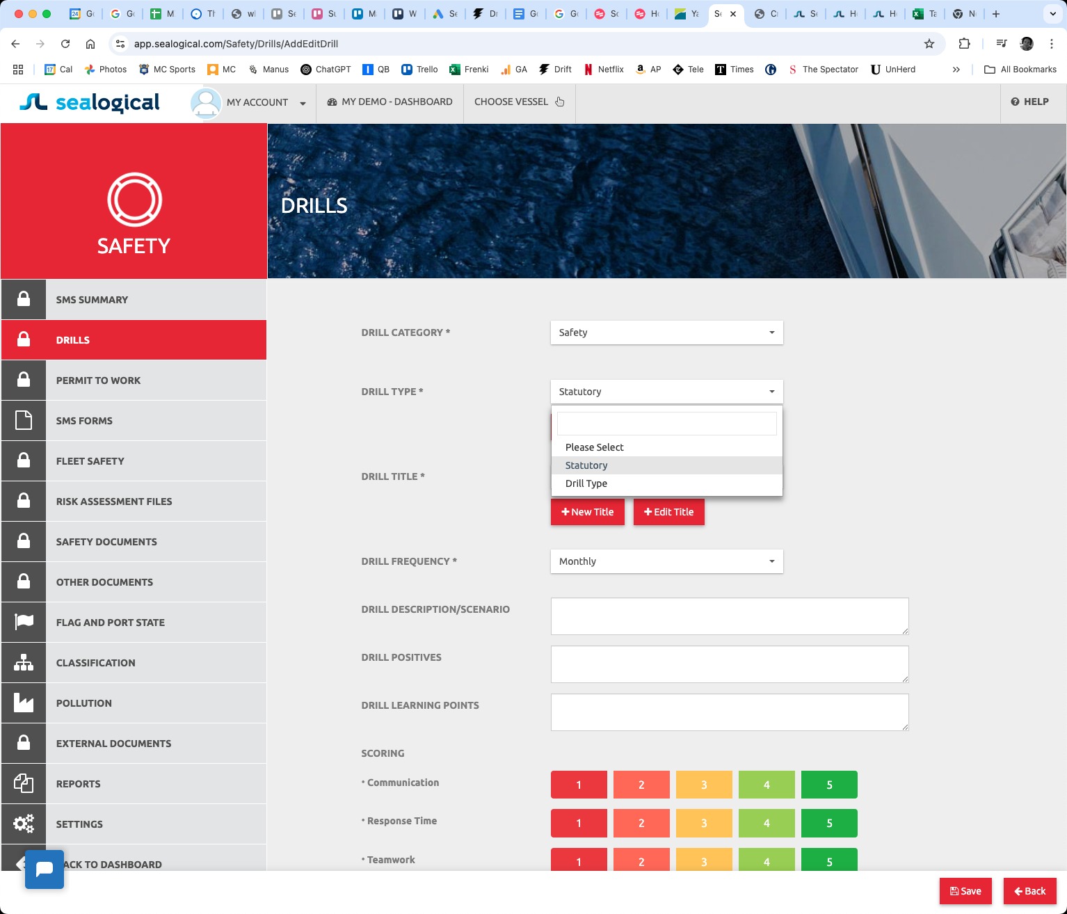 Drill Type dropdown opened showing options Please Select, Statutory and Drill Type.