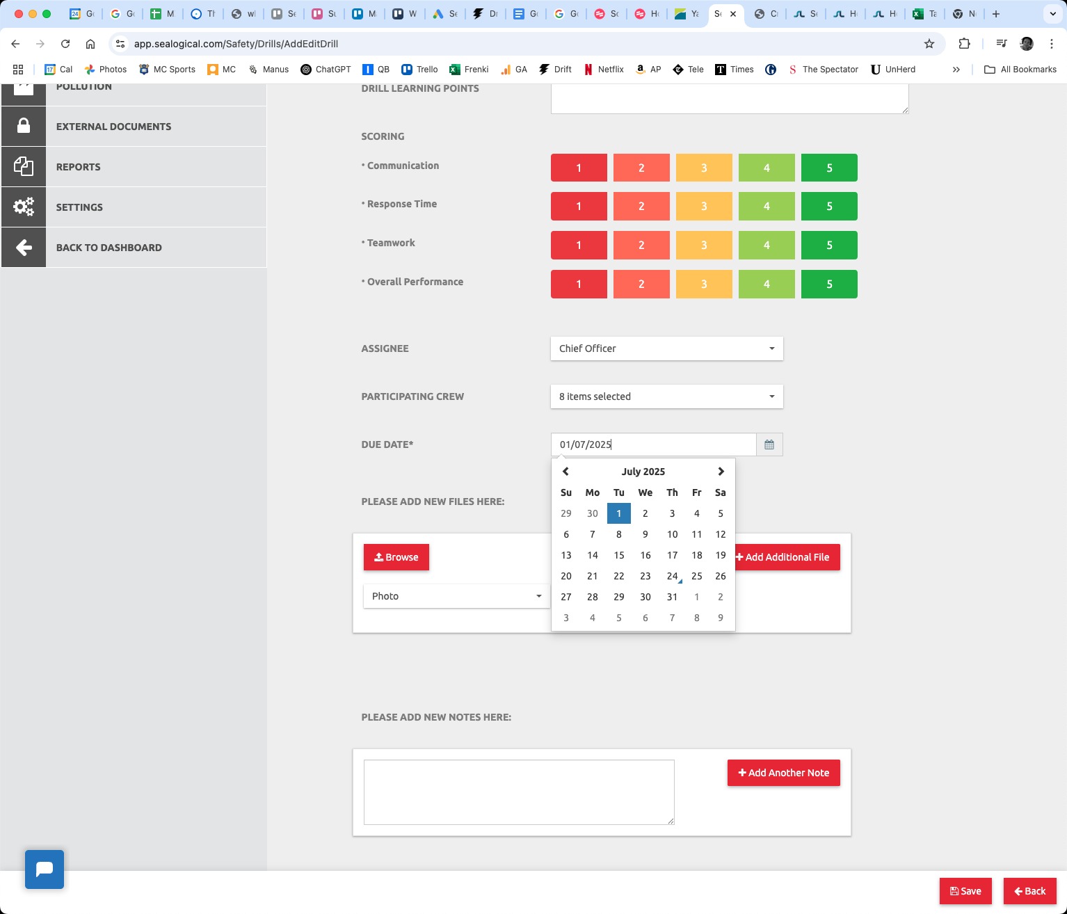 Due Date calendar picker opened on July 2025, with the 1st highlighted as the selected date.