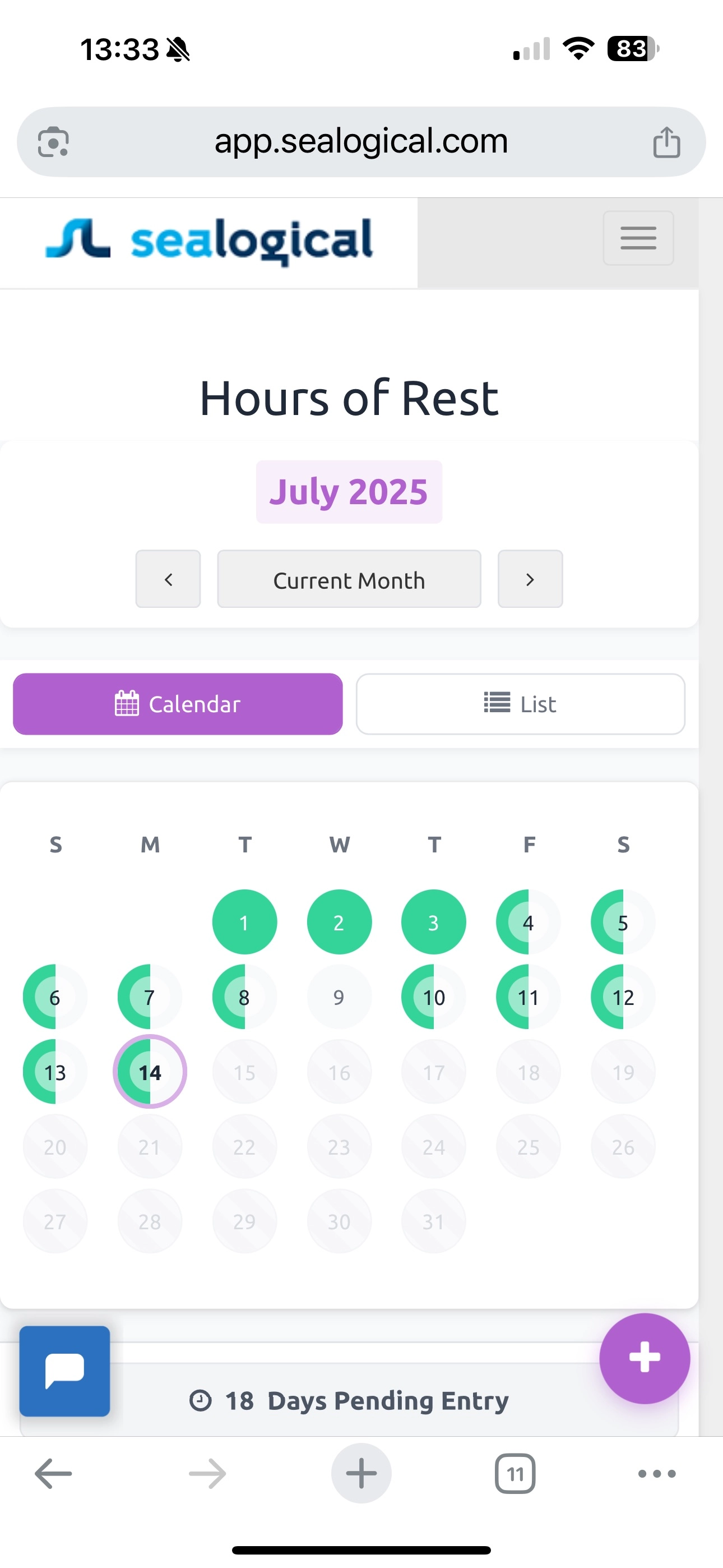 Mobile view of app.sealogical.com showing the Sealogical logo, the Hours of Rest heading, the July 2025 month banner, Calendar and List view tabs, and the full month grid with each day rendered as a coloured circle.