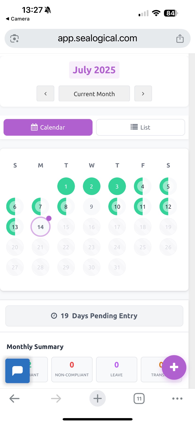 Mobile calendar view of July 2025 with day 14 highlighted with a purple ring as the selected day. Earlier days are shown as fully or partially green circles depending on how much has been logged. The bottom shows '19 Days Pending Entry' and a Monthly Summary block.