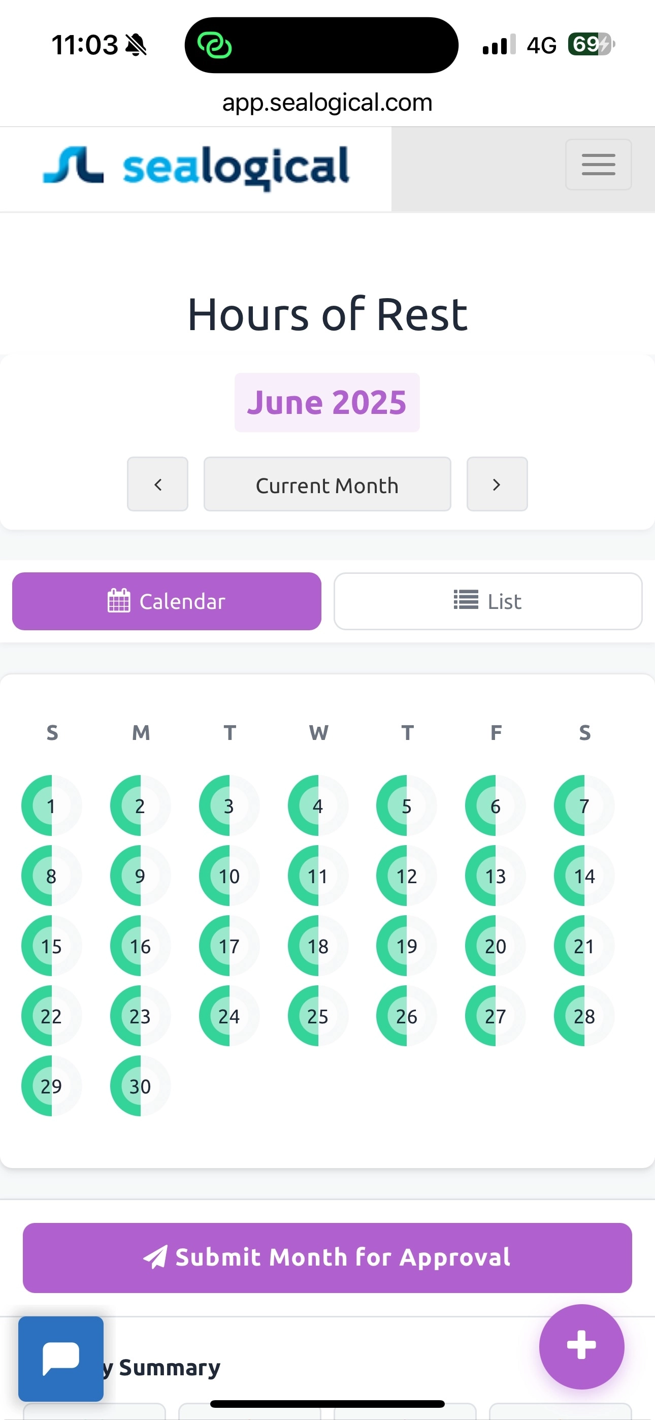Mobile calendar view of June 2025 with every day rendered as a green or partial-green circle showing logged entries. A wide purple Submit Month for Approval button sits below the calendar.