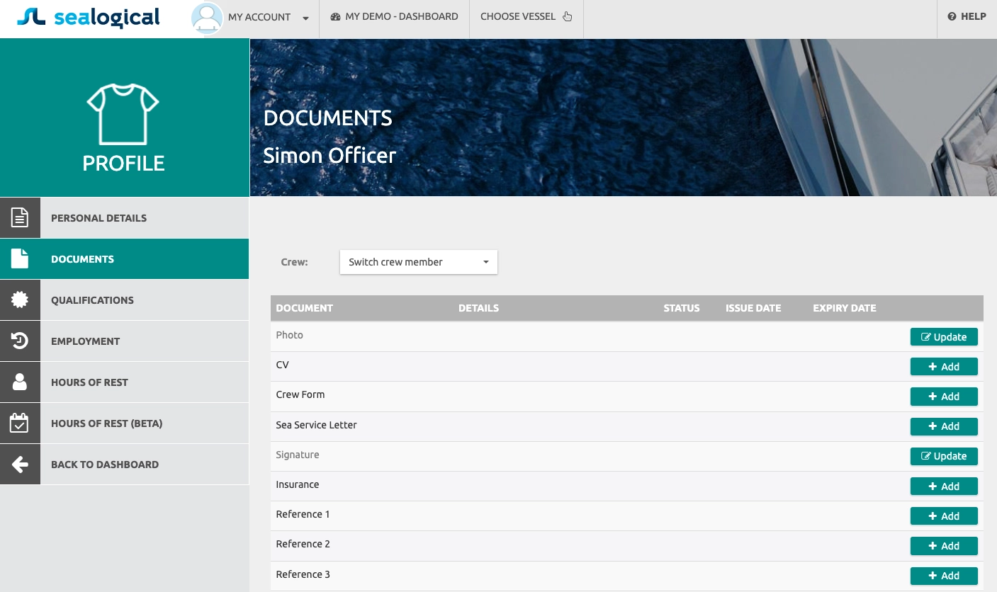Crew profile Documents page for Simon Officer showing a list of document types — Photo, CV, Crew Form, Sea Service Letter, Signature, Insurance, Reference 1, Reference 2 — with Update or Add buttons next to each row.