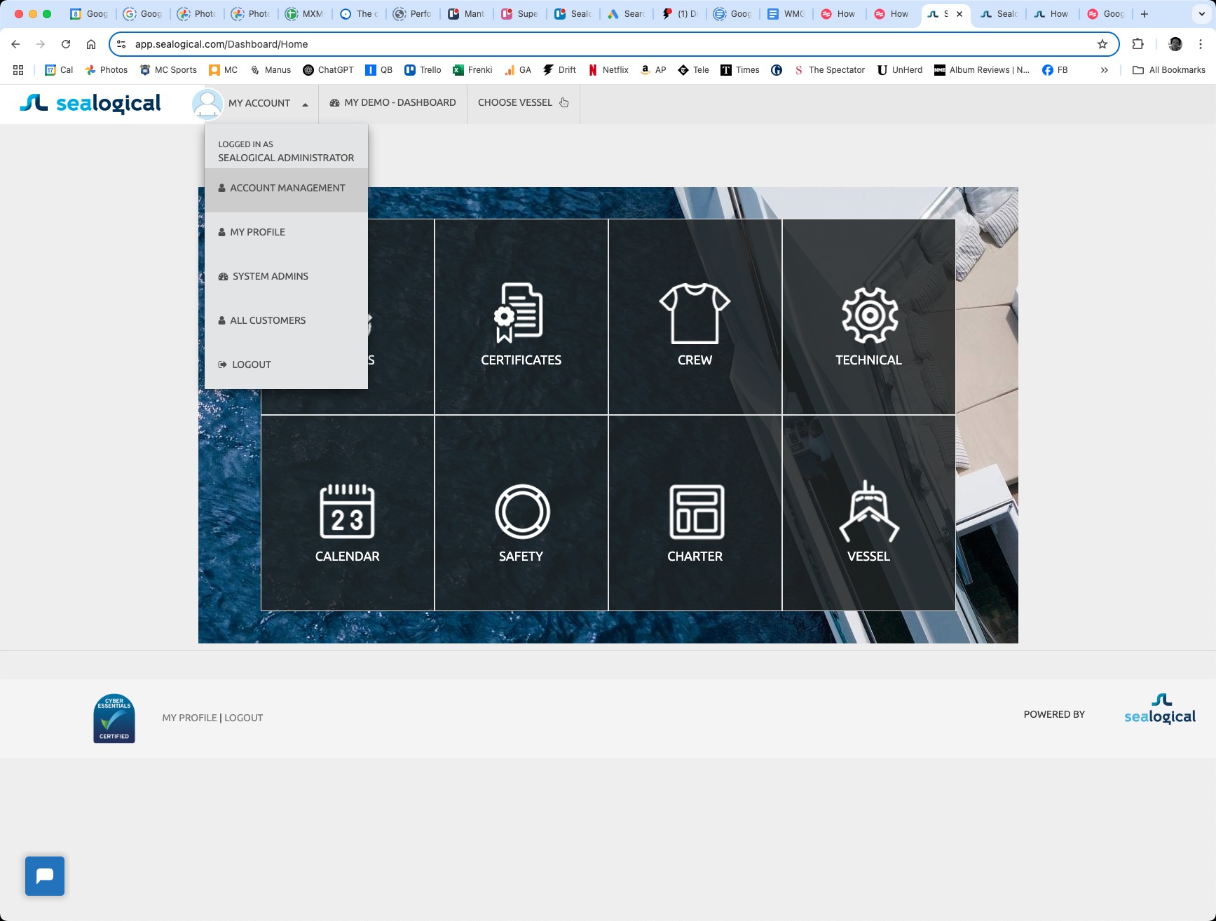 Sealogical dashboard with the MY ACCOUNT dropdown open and the Account Management option highlighted.