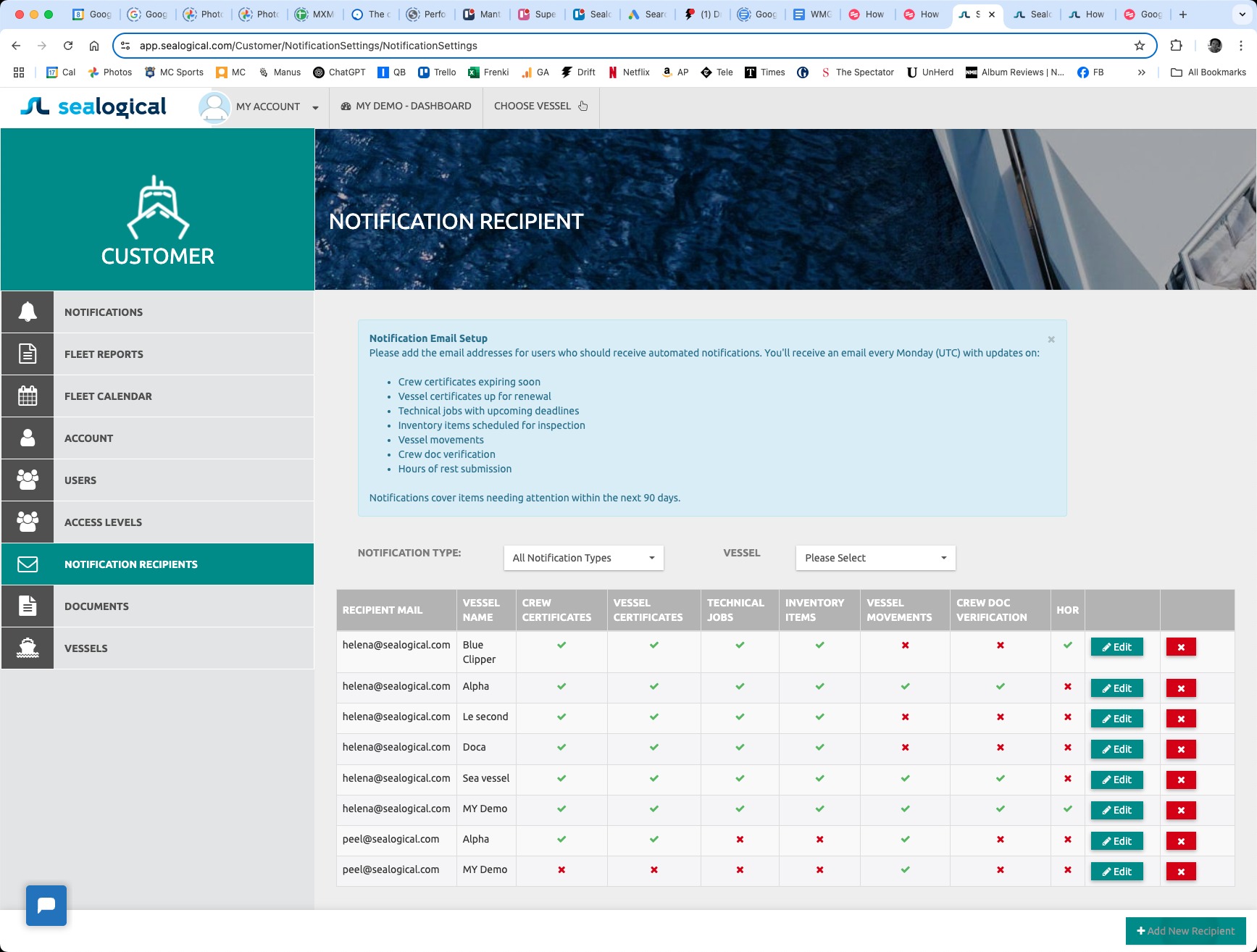 Notification Recipients page showing a list of existing recipients, the vessel they're assigned to, and ticks or crosses for each notification category. The Add New Recipient button is at the bottom-right.