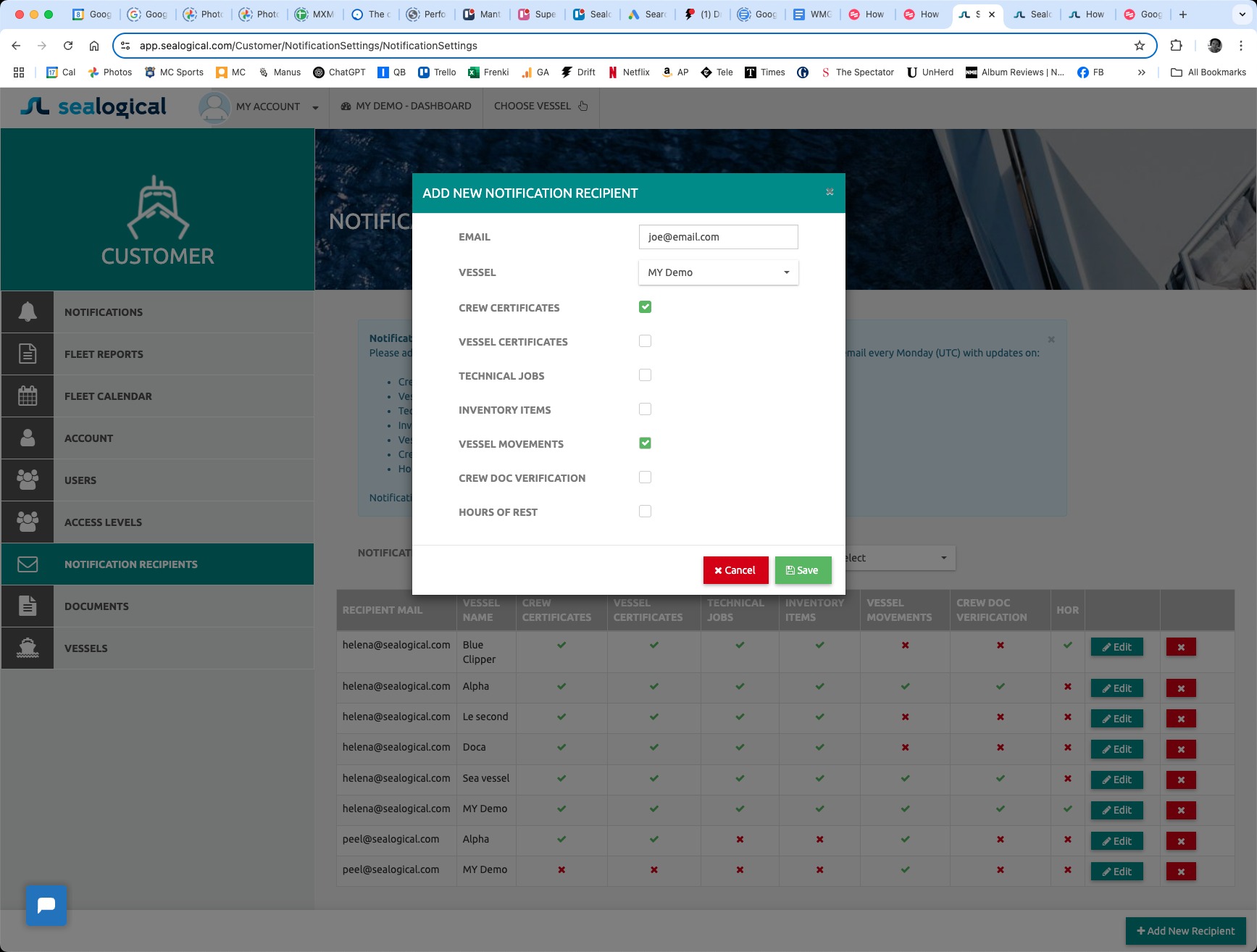 Add New Notification Recipient modal with the email and vessel filled in, and the Crew Certificates and Vessel Movements categories ticked. The Save button is in the bottom-right of the modal.